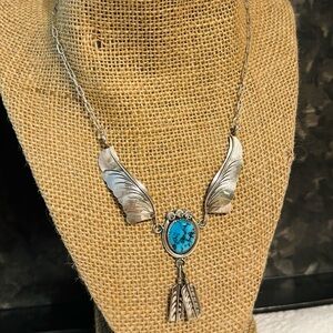 Melissa Yazzie Signed M Sterling silver Turquoise Drop Pendant Feather Necklace